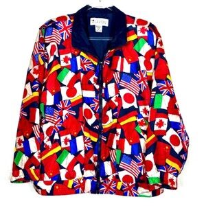 Lavon Vintage World Flag Print Silk Jacket